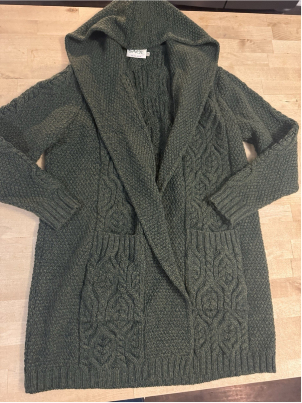 SAOL Womens 100% Merino Wool Irish Cardigan Aran Long Cable Knit Green XXL - Picture 3 of 10